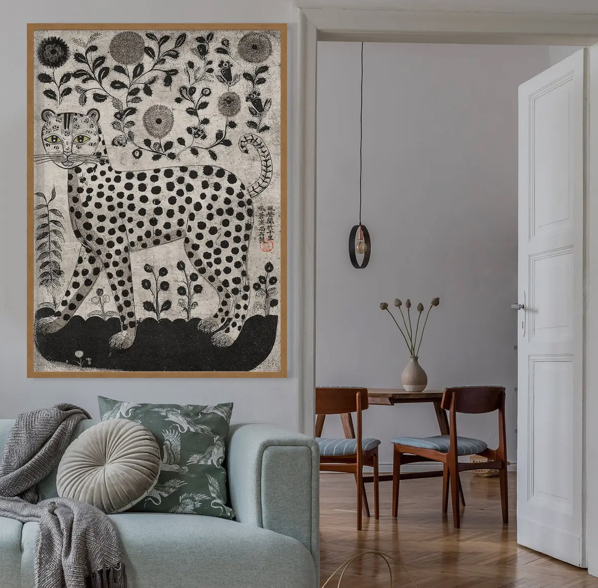 Black and White Leopard Folk Art Print