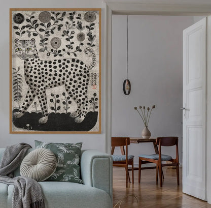 Black and White Leopard Folk Art Print