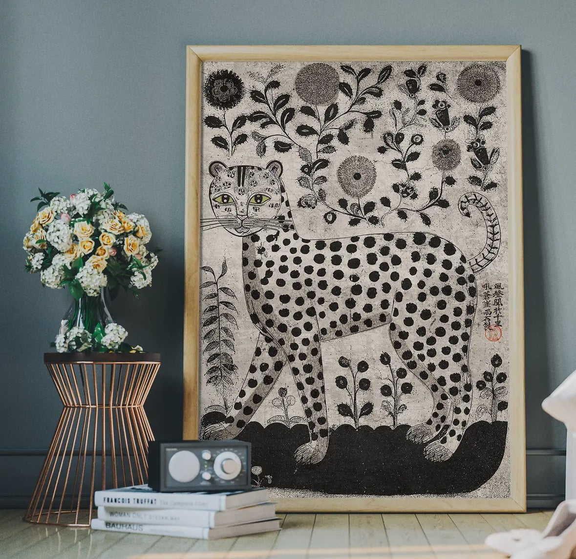 Black and White Leopard Folk Art Print